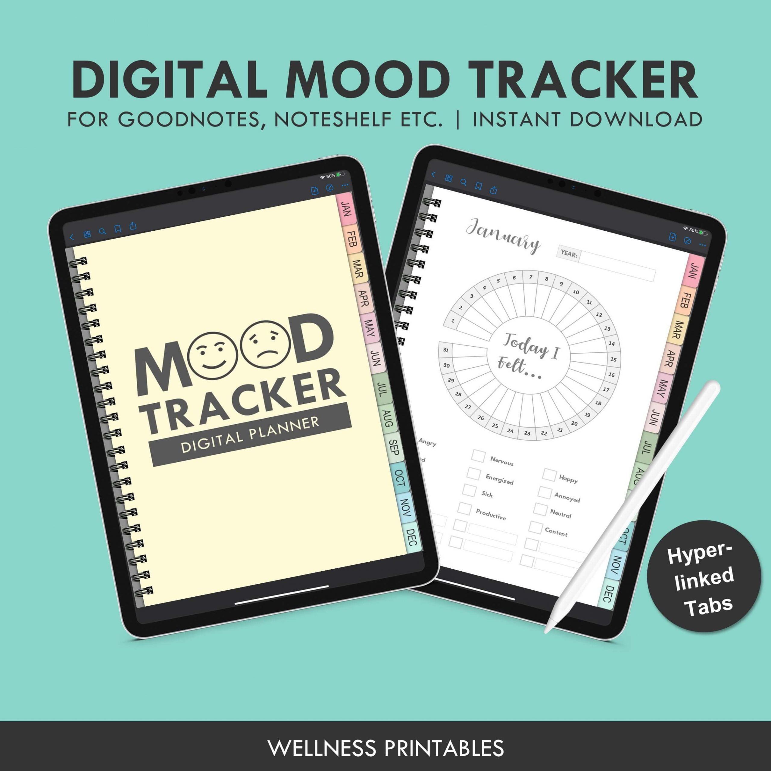 Mood Tracker Digital Planner for iPad, Goodnotes, Noteshelf Wellness