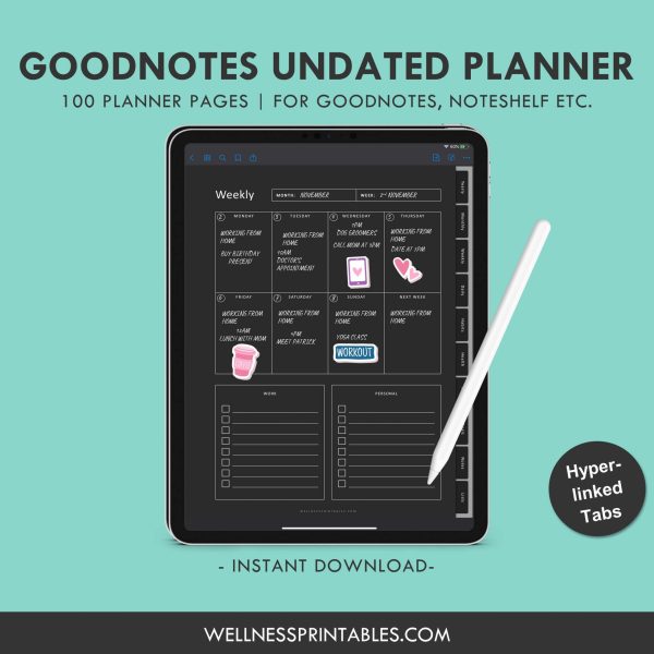 Goodnotes Template Black Undated Digital Planner Wellness Printables