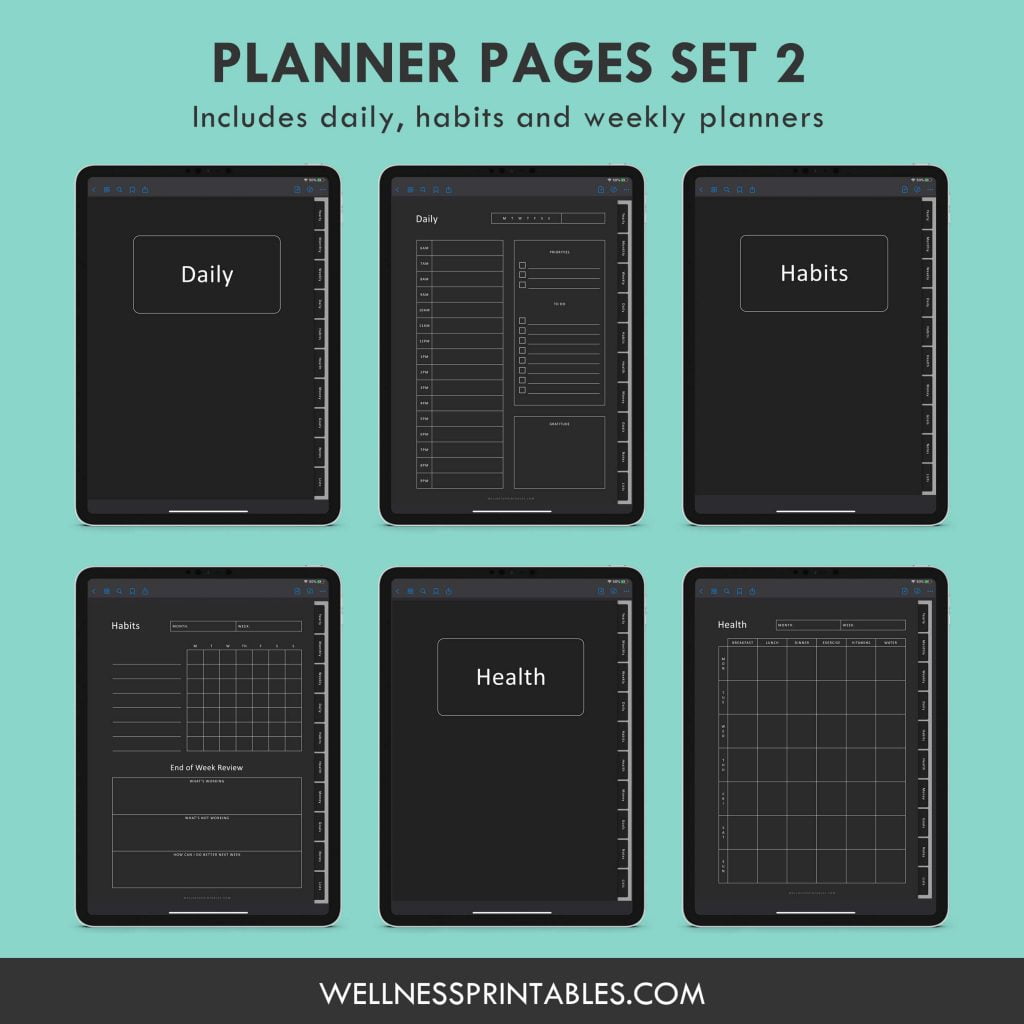 Goodnotes Template Black Undated Digital Planner Wellness Printables