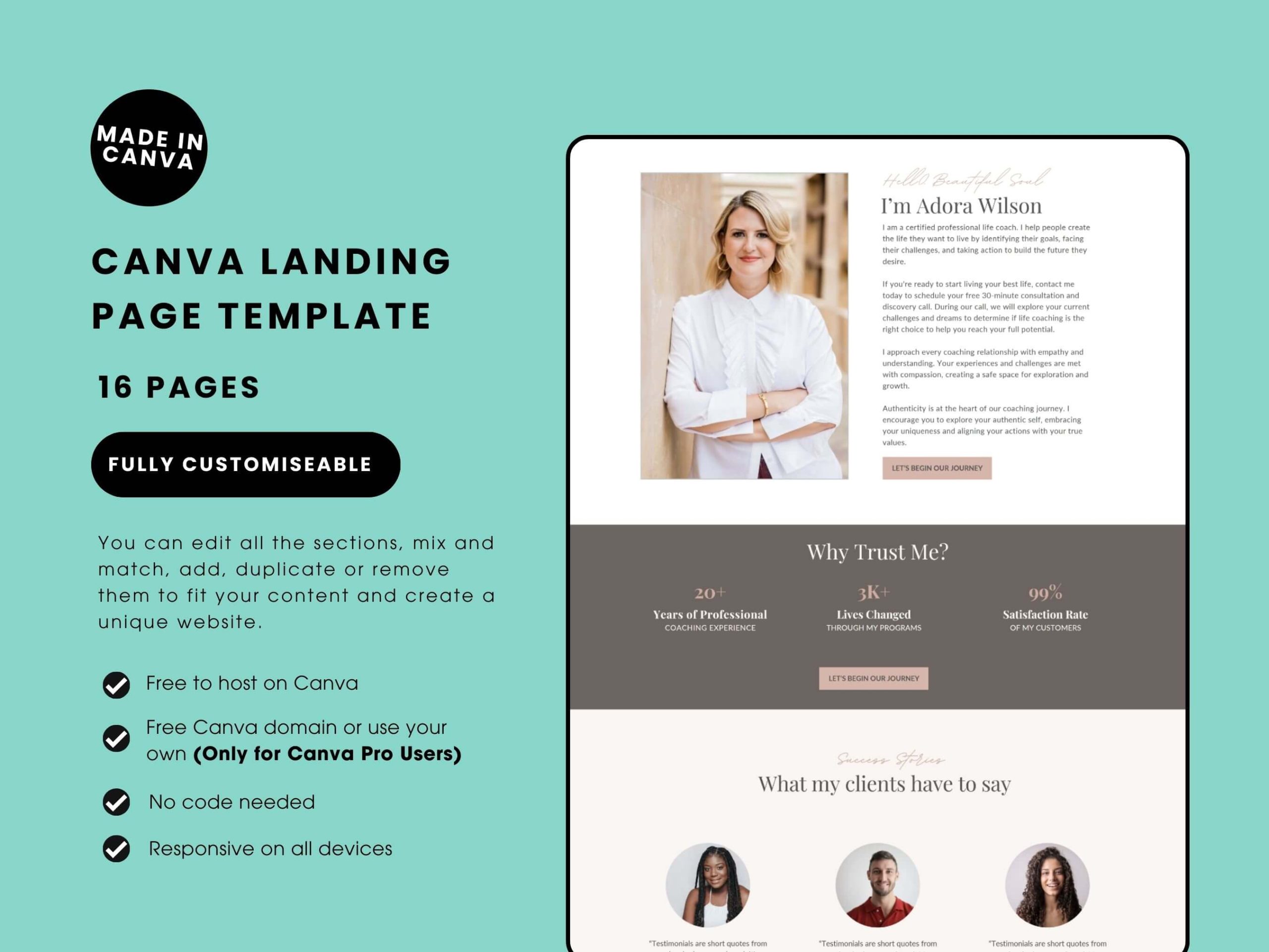 Life Coach Website Template Sales Page Canva Wellness Printables