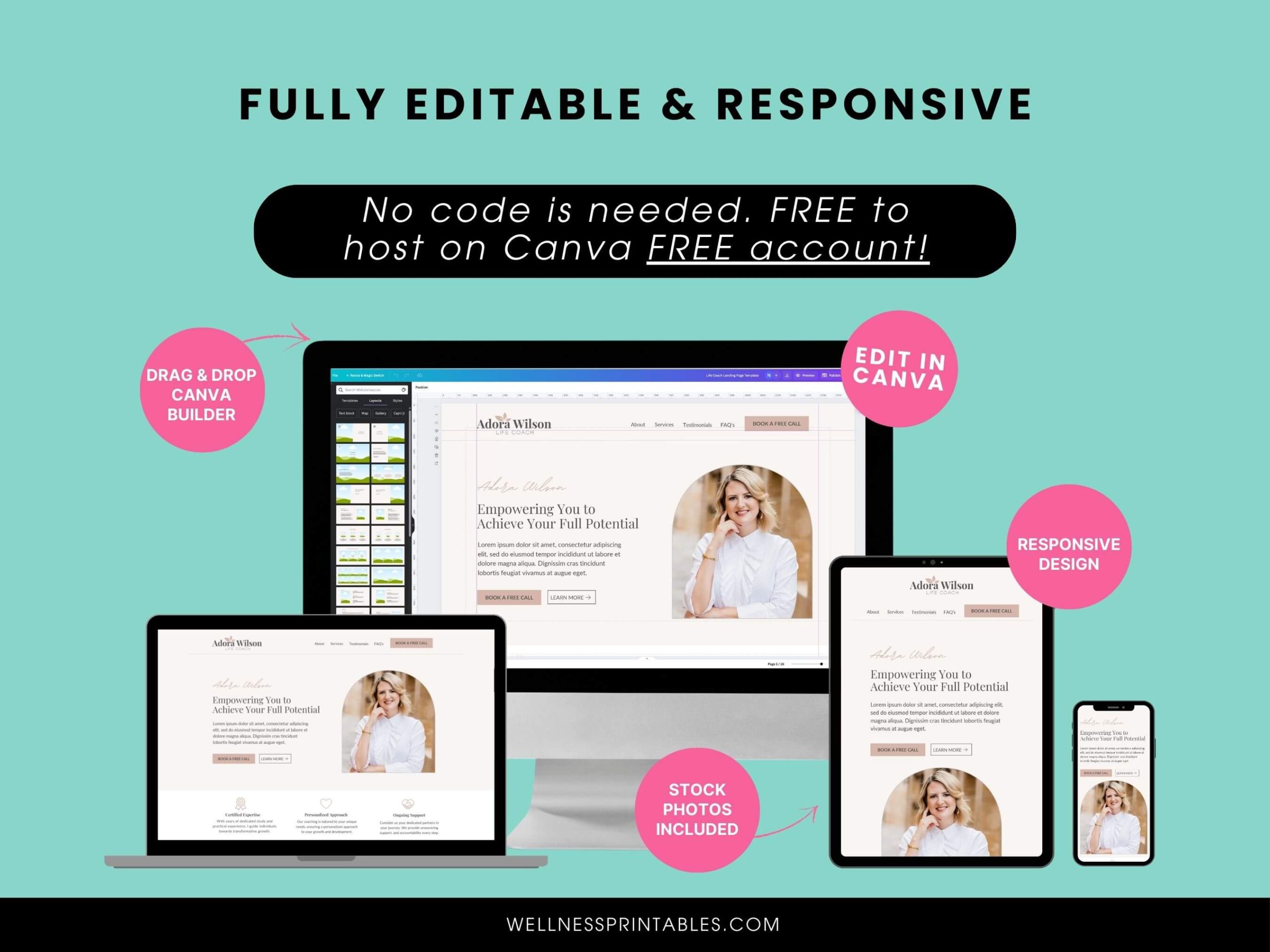 Life Coach Website Template Sales Page Canva Wellness Printables